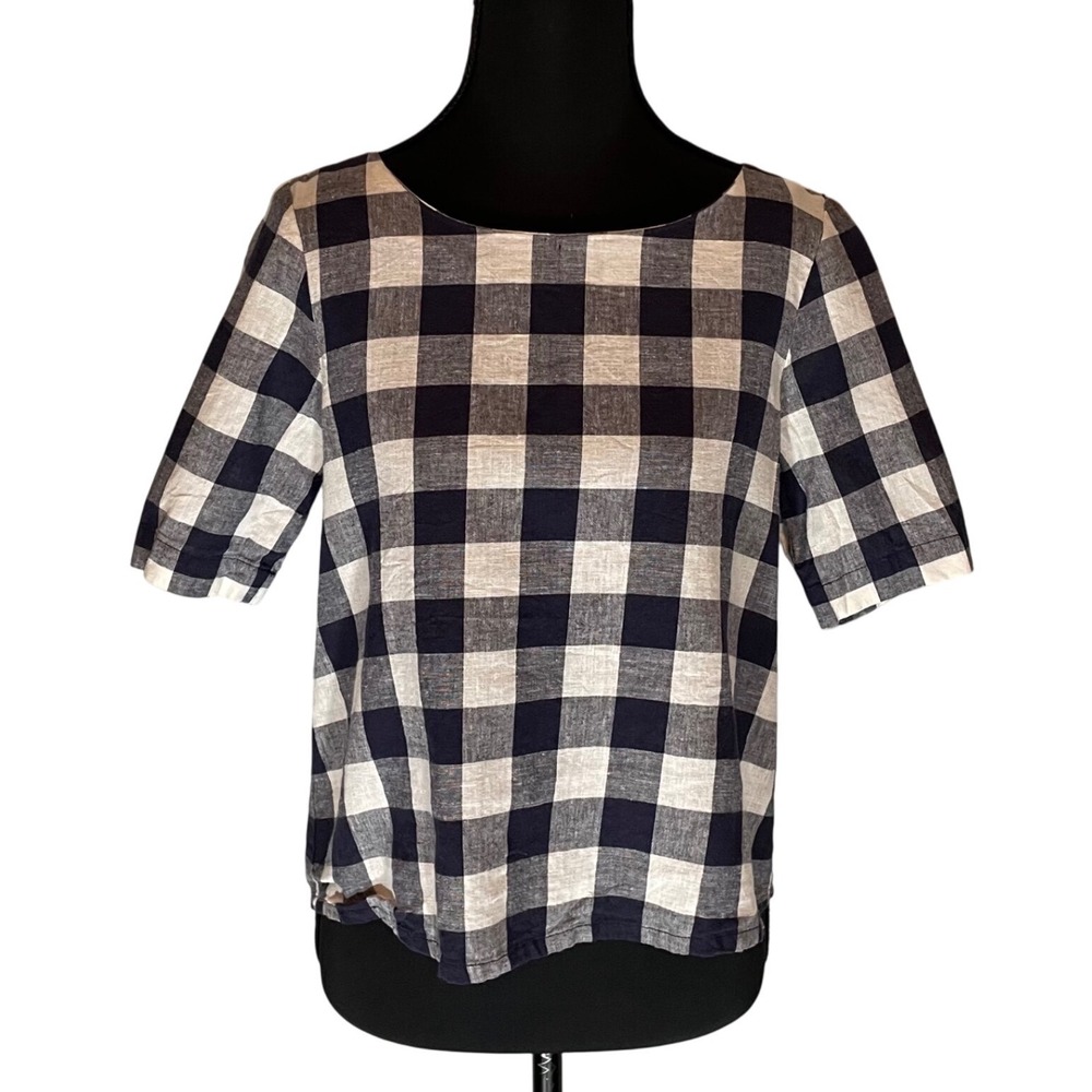 Womens Navy Blue White Gingham Buffalo Check Button Back Blouse Sm Cottagecore